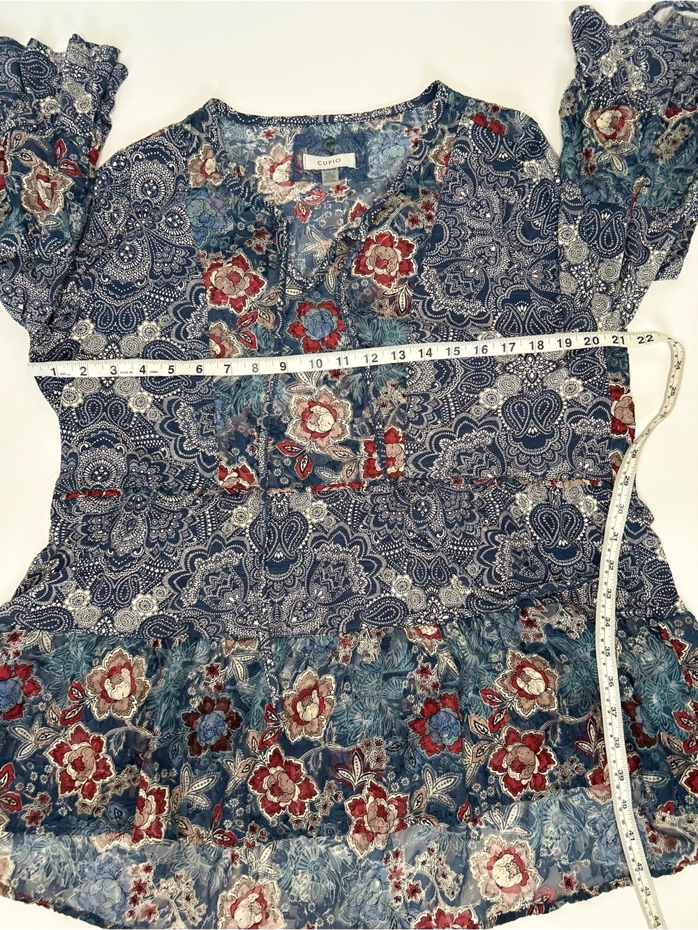 Cupio Boho Mixed Floral Paisley Split Neck Peasant Blouse 3/4 Bell Sleeve - Picture 5 of 8